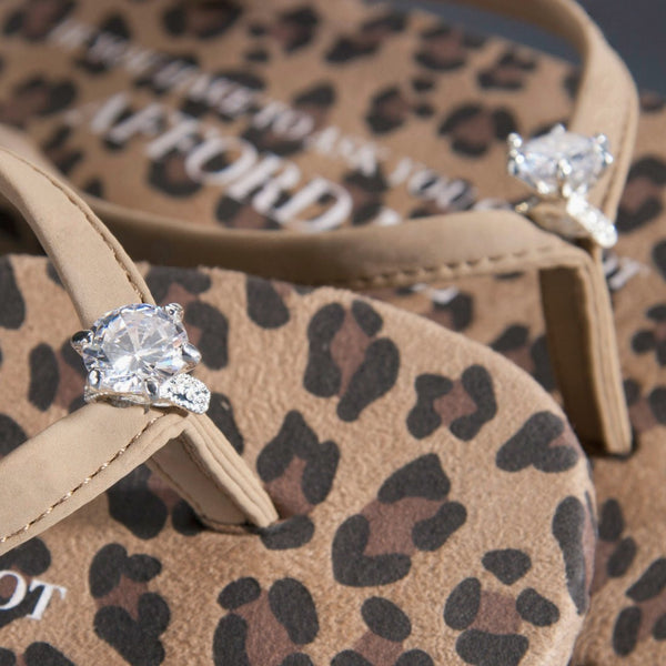 Close up of jewelry Designer Platform Flip Flops Leopard Diamond Ring
