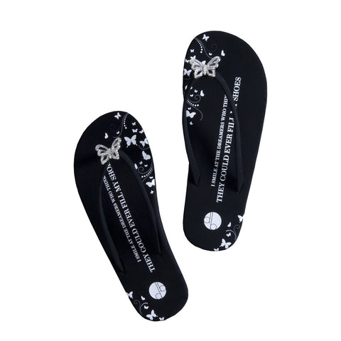 Top View Black Flat Flip Flops with Butterfly