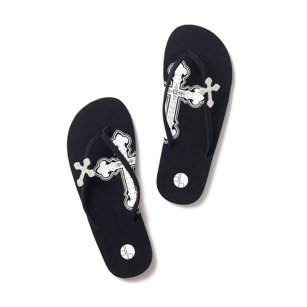 Top View Black Flat Pave Cross Flip Flops