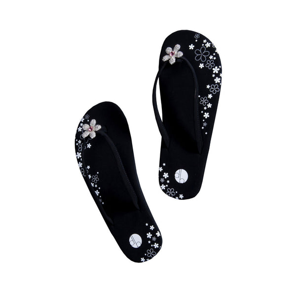 top view black flat flip flops pave flower