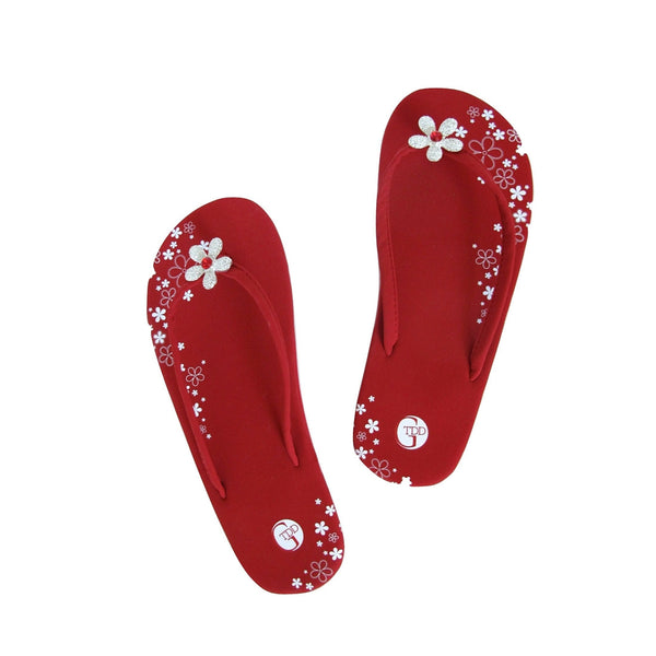 Top View Red Designer Flat Flip Flops Pave Flower